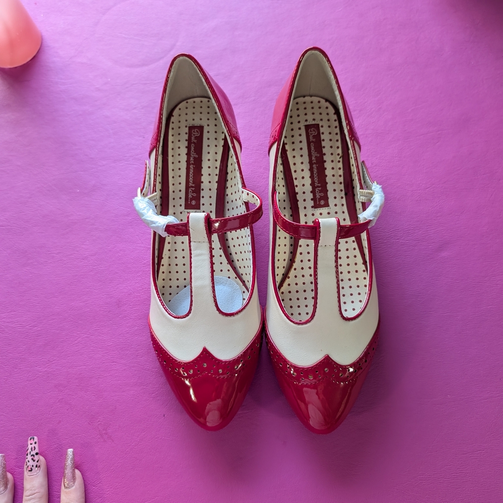 Red and Cream T-Strap Pointed Toe Heels